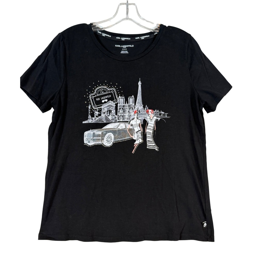 Karl‎ Lagerfeld Paris Womens Black Paris Graphic Soft Tee Rhinestone Shirt •M•
